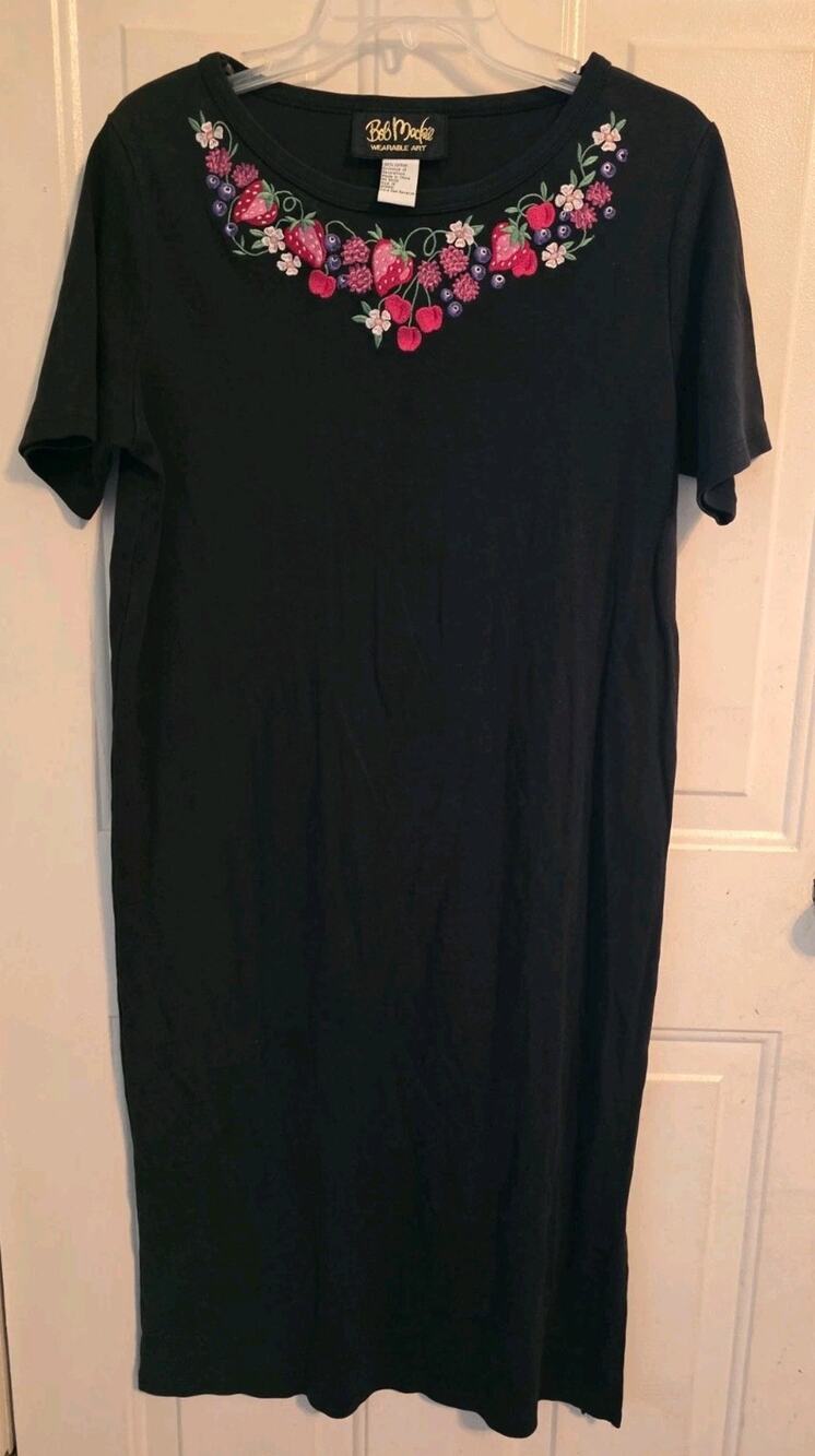 Bob Mackie Wearable Art Fruit Embroidered Floral T-Shirt Dress Size M Black